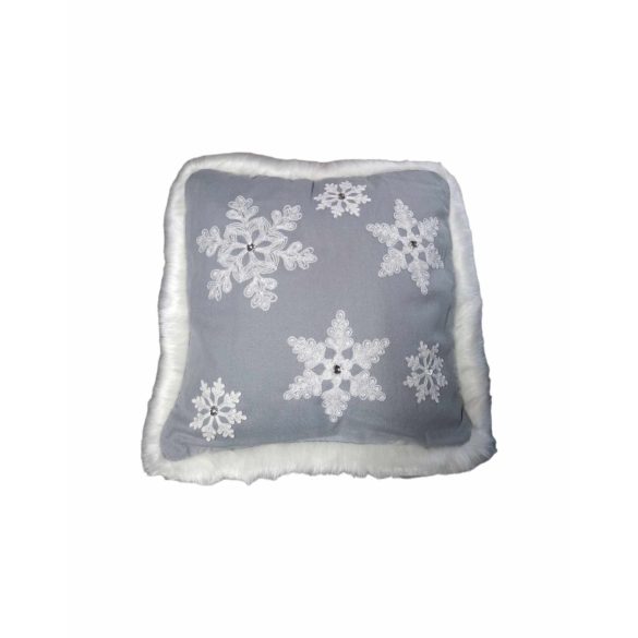 Karácsonyi kispárna huzat 40*40cm szőrmés hópelyhes-köves szürke