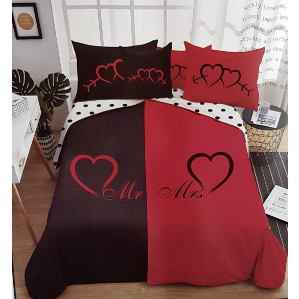 Mr & Mrs piros - fekete szíves - Páros ágynemű Kétszemélyes