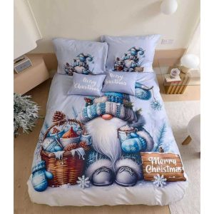Karácsonyi manó kék sapkában ajándékkosárral - Ágynemű 3 részes