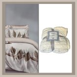 fehér levélmintás agynemű 7 részes+fehér virágos vastag pléd csomag