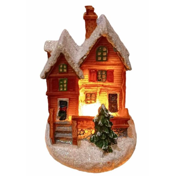Karácsonyi világítós havas kis házikó porcelán dísz